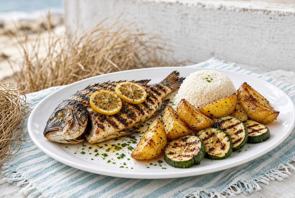 Ganzer gegrillter Fisch mit Reis und gegrilltem Gemüse, Nessy's Yummy Express