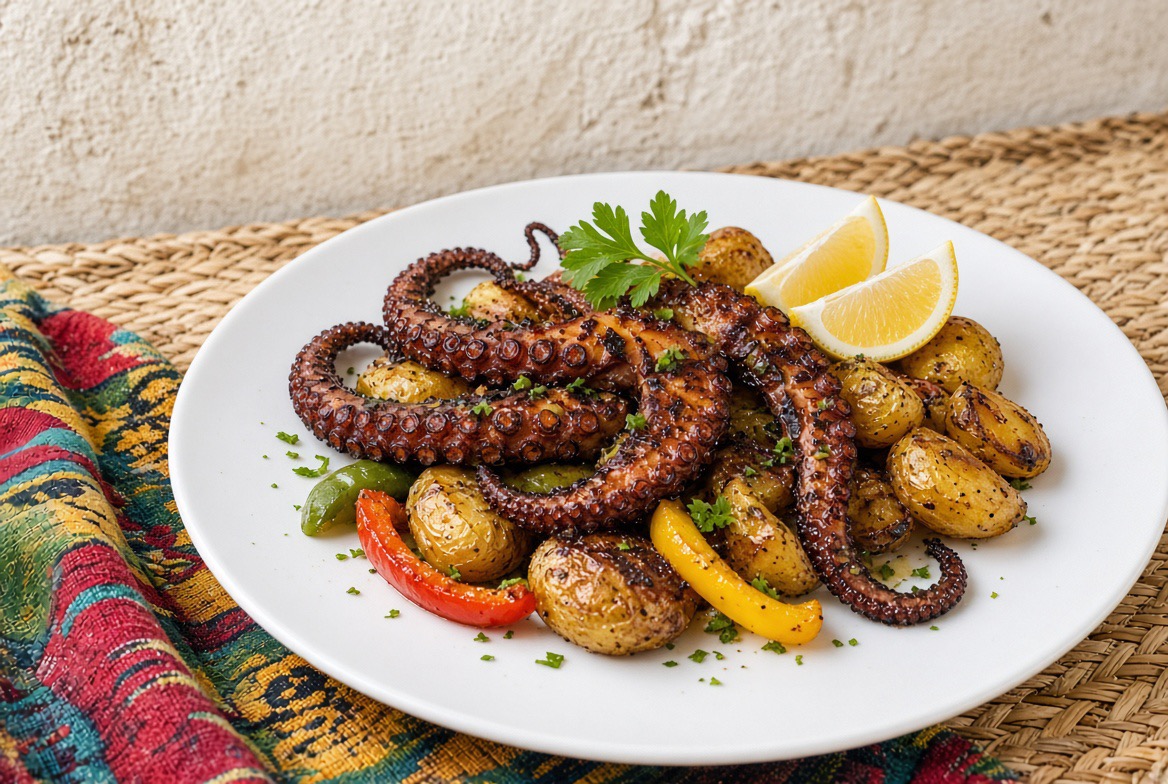Polvo Grelhado, gegrillter Oktopus mit Kartoffeln und Gemüse, Nessy's Yummy Express