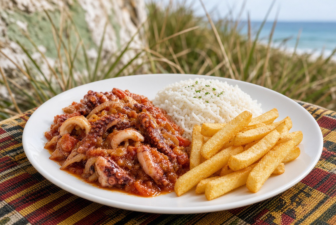 Bafa de Polvo, kapverdisches Tintenfischgericht mit Reis oder Pommes