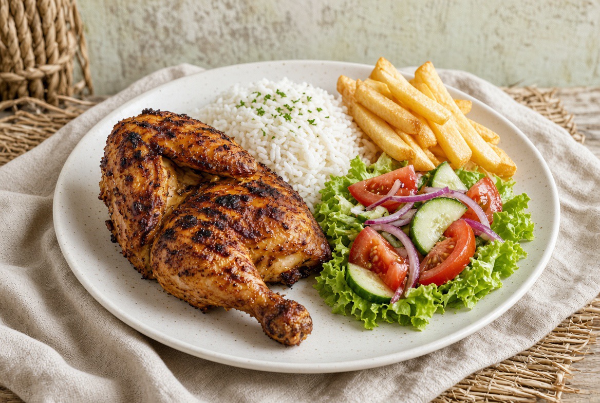 Frango Assado, gegrilltes Hühnchen mit Reis oder Pommes und Salat, Nessy's Yummy Express