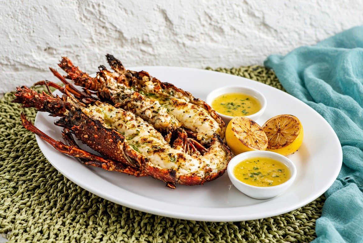 Lagosta Grelhada, gegrillte Languste mit Knoblauch-Butter-Sauce