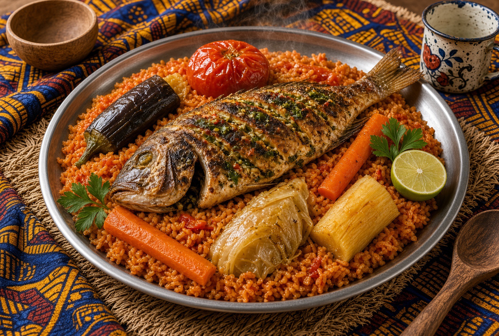 Thiéboudiénne, westafrikanisches Reisgericht mit Fisch und Gemüse