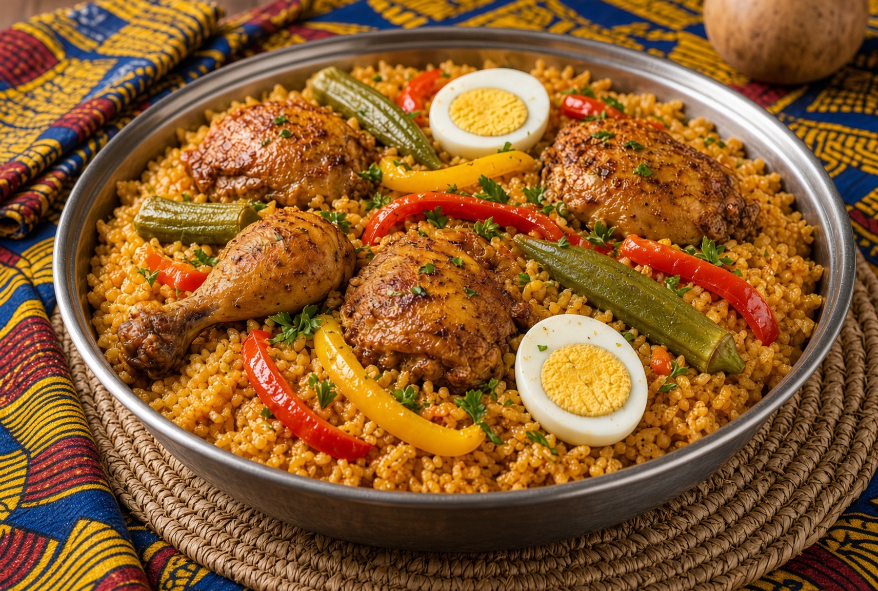 Tiep Ganaar, senegalesisches Reisgericht mit Huhn und Ei