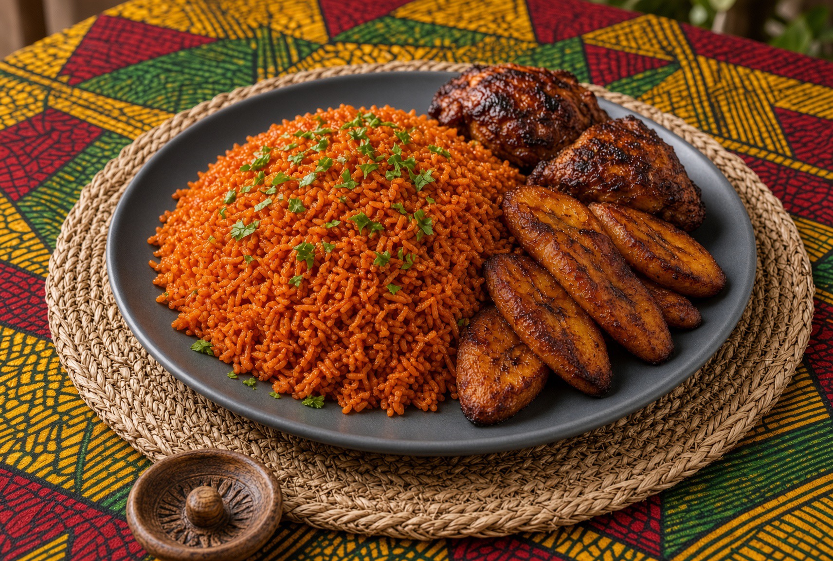 Jollof-Reis mit Hühnchen und gebratenen Kochbananen, westafrikanisches Reisgericht