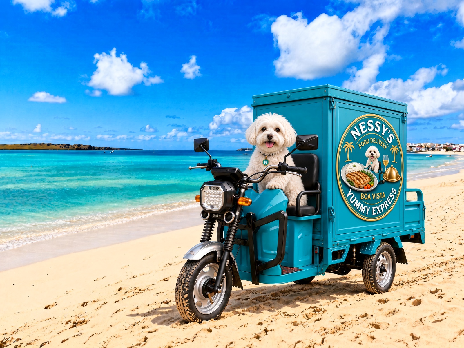Nessy am Lenker des türkisen Nessy's-Yummy-Express-TukTuk am Strand von Boa Vista