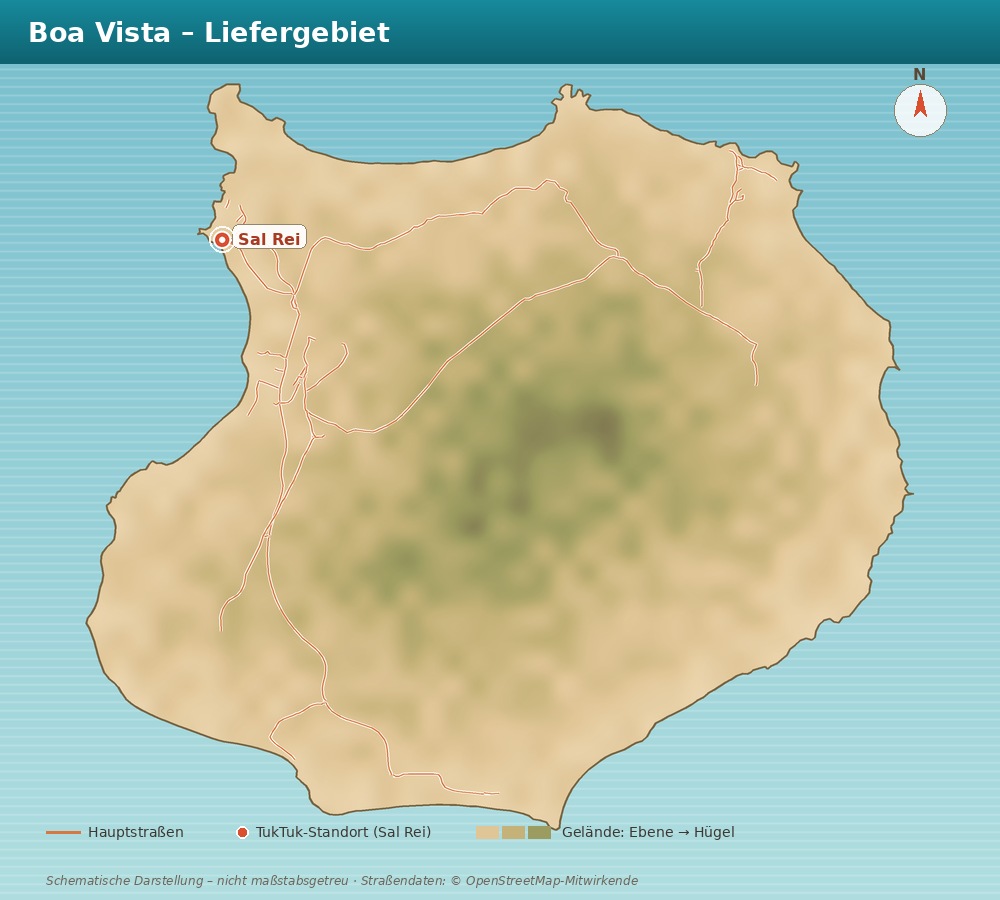 Karte der Insel Boa Vista mit markiertem TukTuk-Standort in Sal Rei